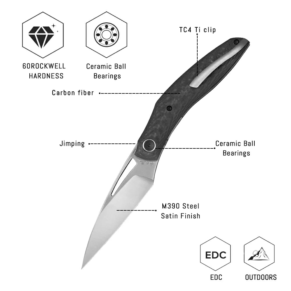SHOOZIZ Garsia-CS M390 steel blade folding knife, satin, carbon fiber, triple collaboration, 3.41 oz
