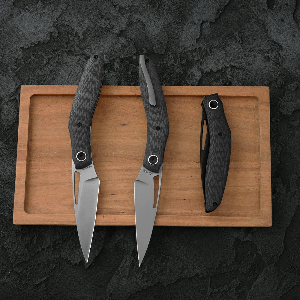 SHOOZIZ Garsia-CST carbon fiber handle folding knife, stonewashed M390 blade,  clip, liner lock, EDC