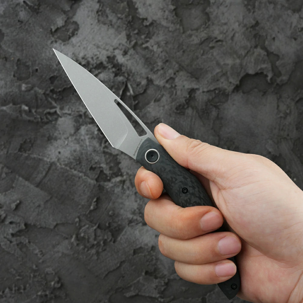 SHOOZIZ Garsia-CST everyday carry knife, carbon fiber handle, stonewashed M390 blade,  titanium clip, 60 HRC