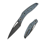 SHOOZIZ Garsia-LCB EDC folding knife, triple collaboration SHOOZIZ x T.Kalashnikov x NFK, M390 steel blade with black PVD finish, carbon fiber handle, blue titanium clip, liner lock, 3.15 inch blade, 3.41 oz