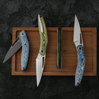 SHOOZIZ Garsia Series compact EDC folder, M390 steel, satin and PVD handle, carbon fiber, pocket clip, 3.15 inch blade