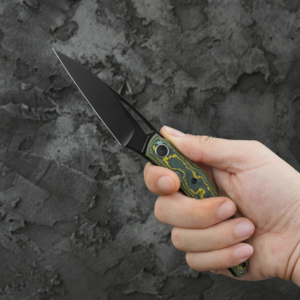 SHOOZIZ Garsia-YCB everyday carry knife, carbon fiber handle, black PVD M390 blade, titanium clip, 60 HRC