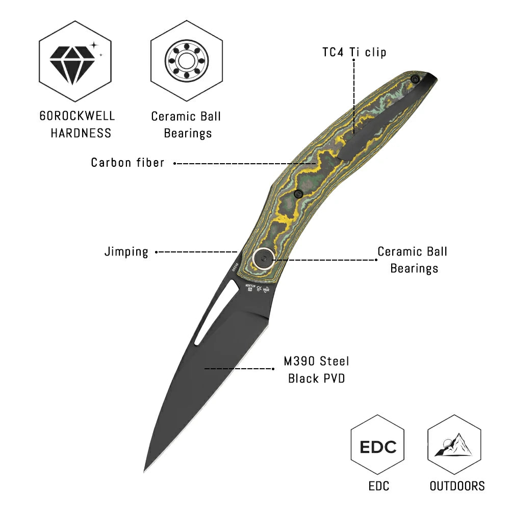 SHOOZIZ Garsia-YCB liner lock folder, M390 steel black PVD, carbon fiber, ceramic bearing, 4.73 inch closed