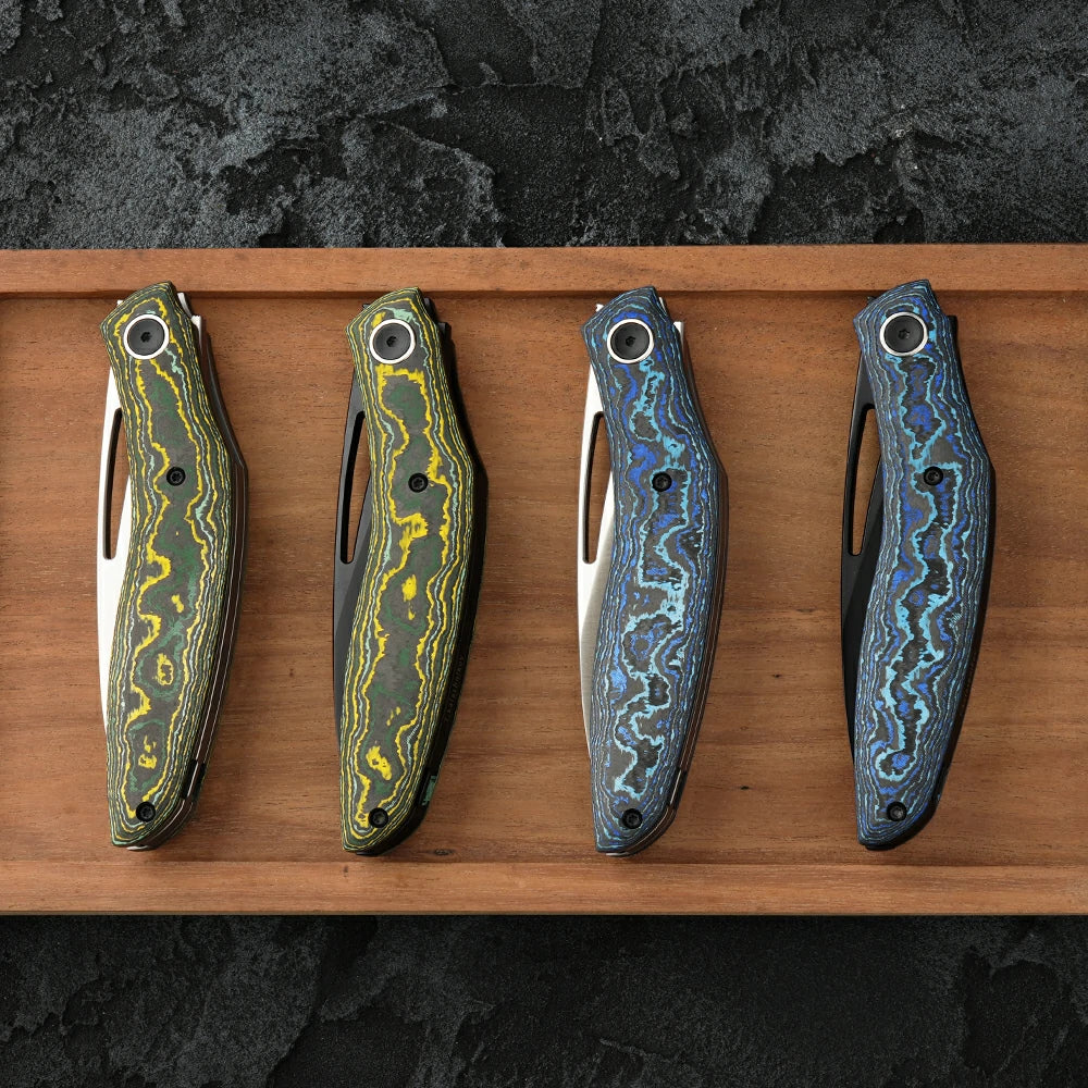 SHOOZIZ Garsia-YCS carbon fiber handle folding knife, satin M390 blade, yellow-green clip, liner lock, premium EDC