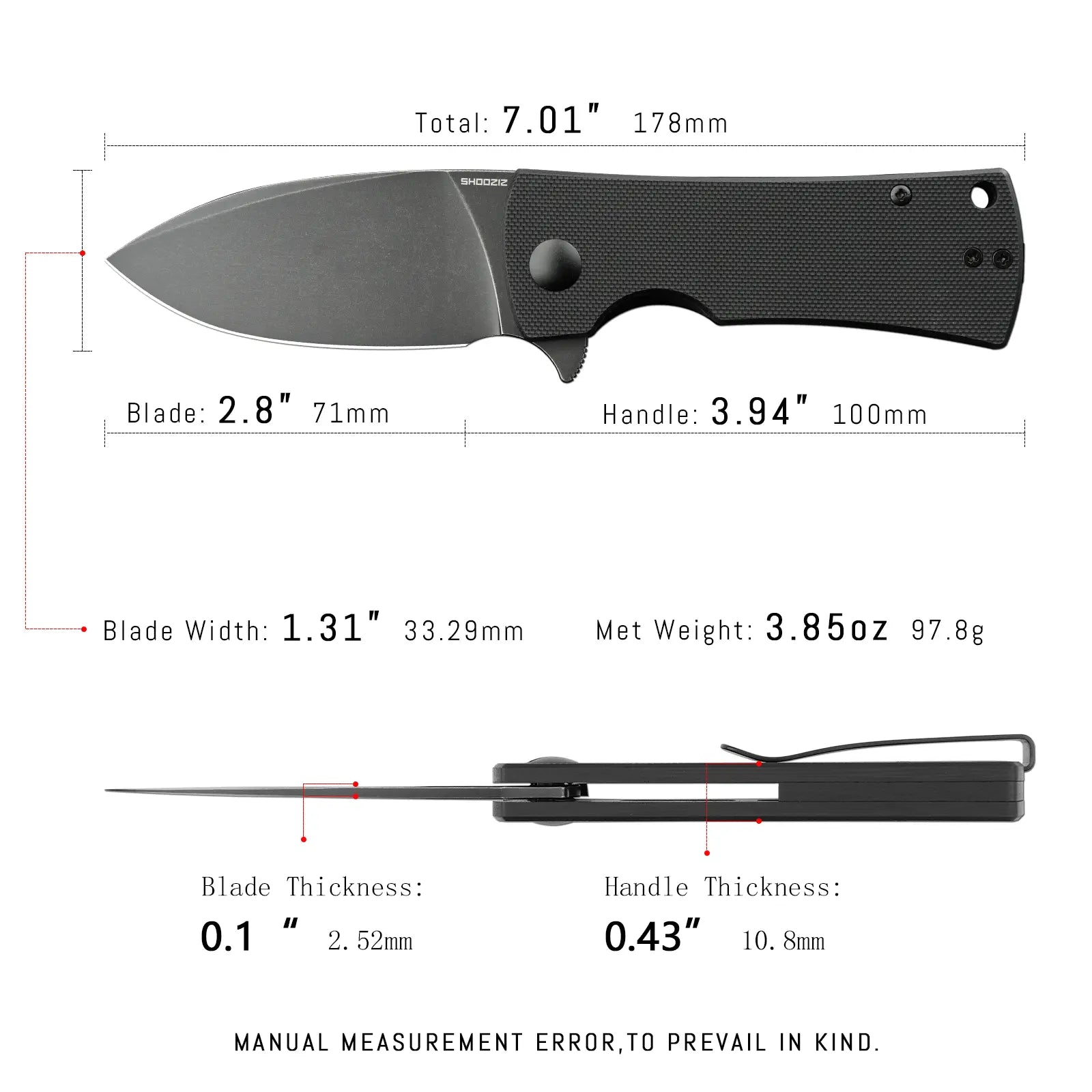 SHOOZIZ HAN306-BGB EDC knife dimensions, 7.01" total length, 2.8" blade, 3.94" handle, 97.8g weight.