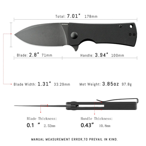 SHOOZIZ HAN306-BGB EDC knife dimensions, 7.01" total length, 2.8" blade, 3.94" handle, 97.8g weight.