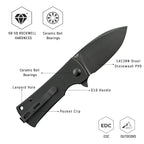 SHOOZIZ HAN306-BGB design features, 14C28N black PVD blade, ceramic ball bearings, black G10 handle, 58-59 HRC hardness.