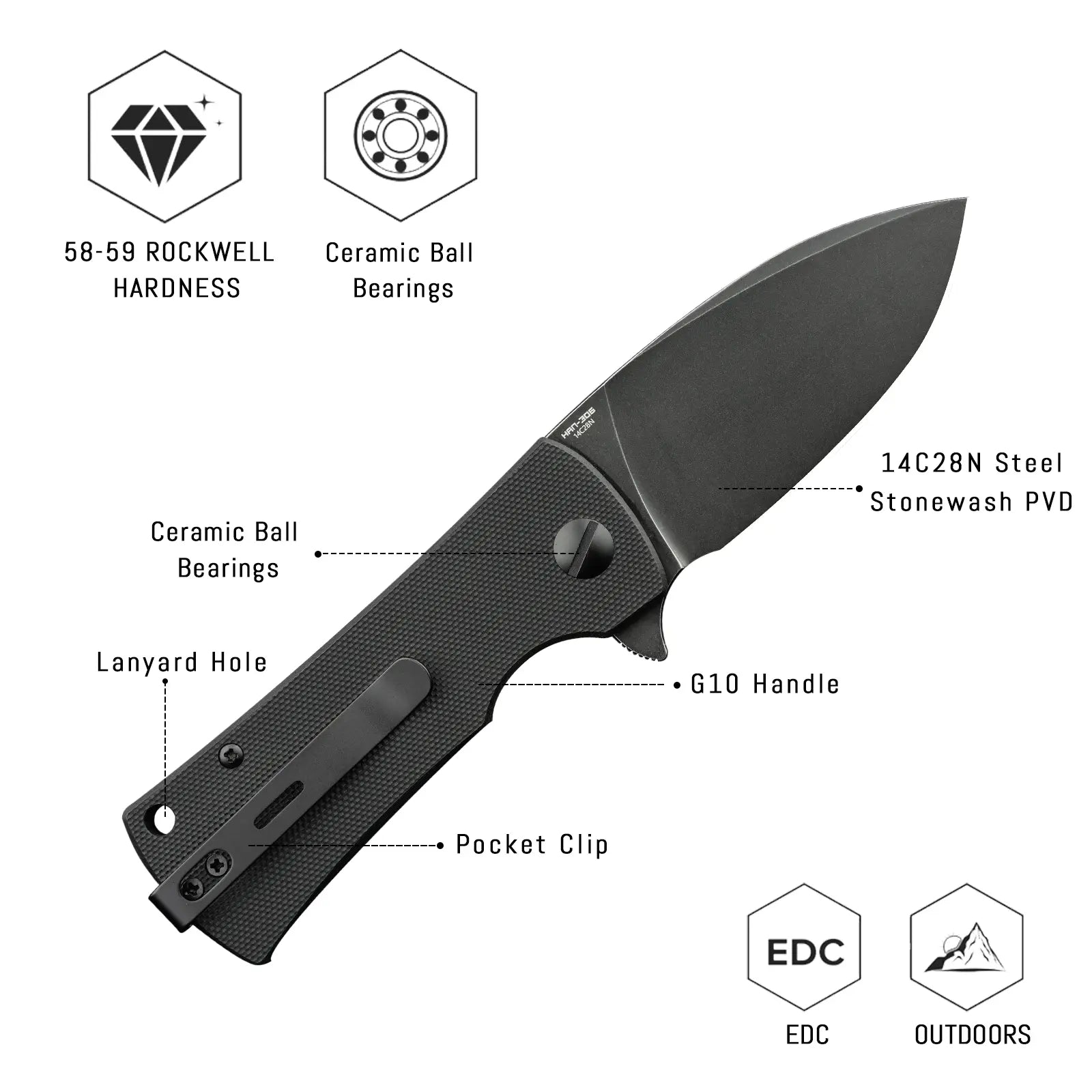 SHOOZIZ HAN306-BGB design features, 14C28N black PVD blade, ceramic ball bearings, black G10 handle, 58-59 HRC hardness.
