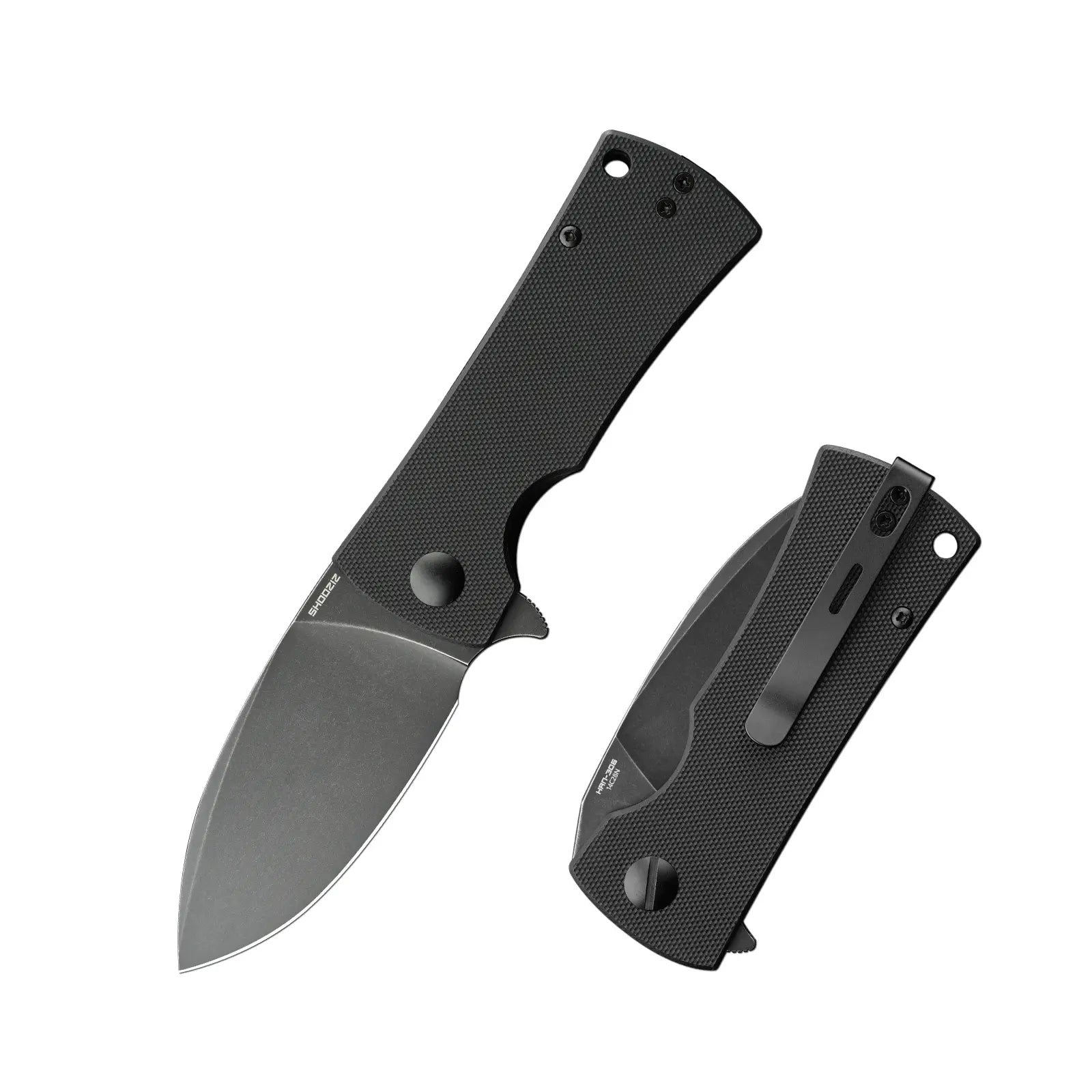 SHOOZIZ HAN306-BGB folding knife, 14C28N steel blade with black PVD finish, black G10 handle, drop point blade, ceramic bearings.