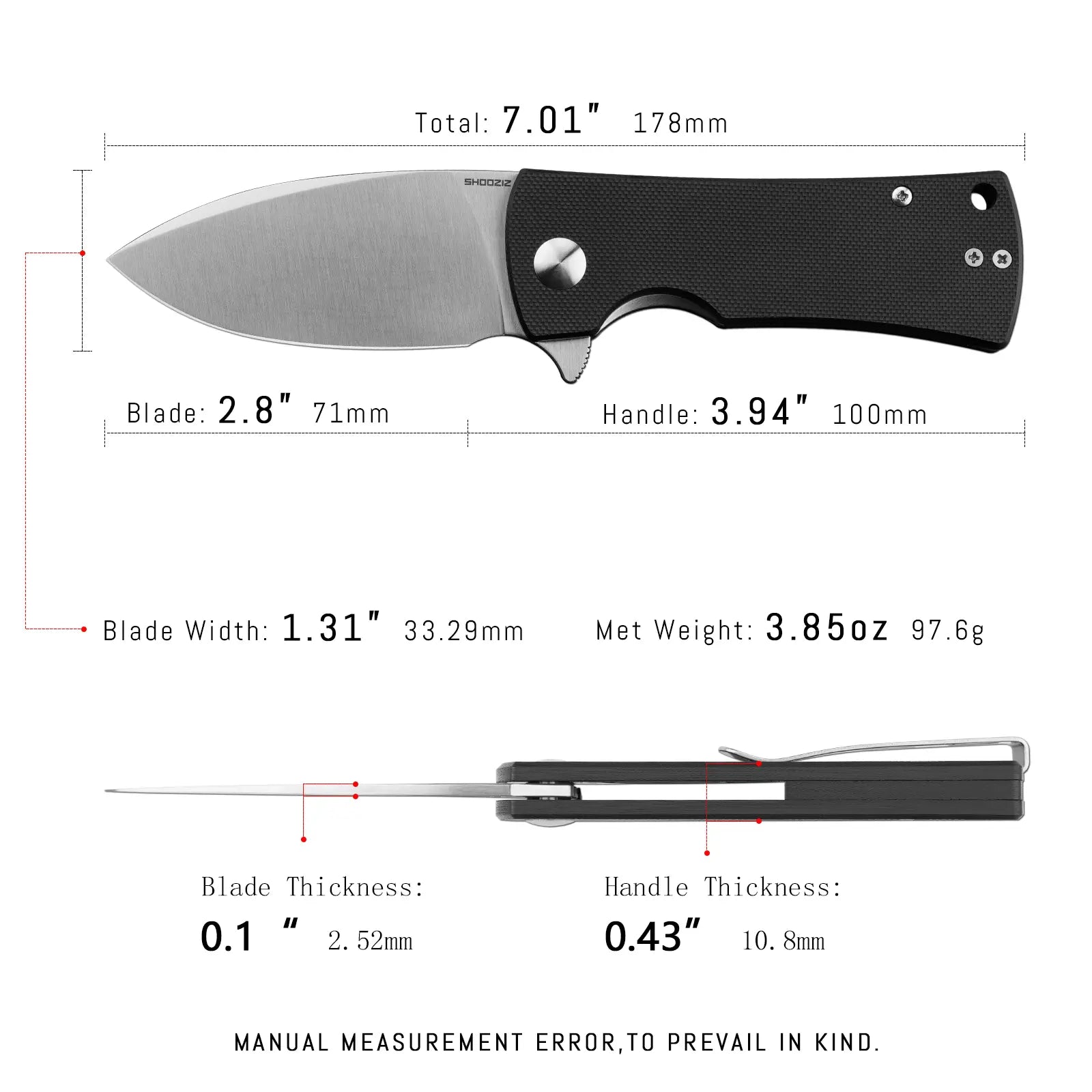 SHOOZIZ HAN306-BGS EDC knife dimensions, 7.01" total length, 2.8" blade, 3.94" handle, 97.6g weight.