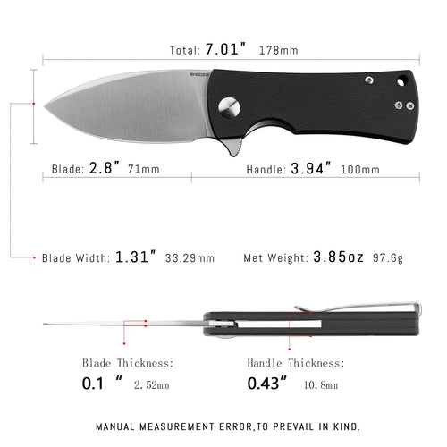 SHOOZIZ HAN306-BGS EDC knife dimensions, 7.01" total length, 2.8" blade, 3.94" handle, 97.6g weight.