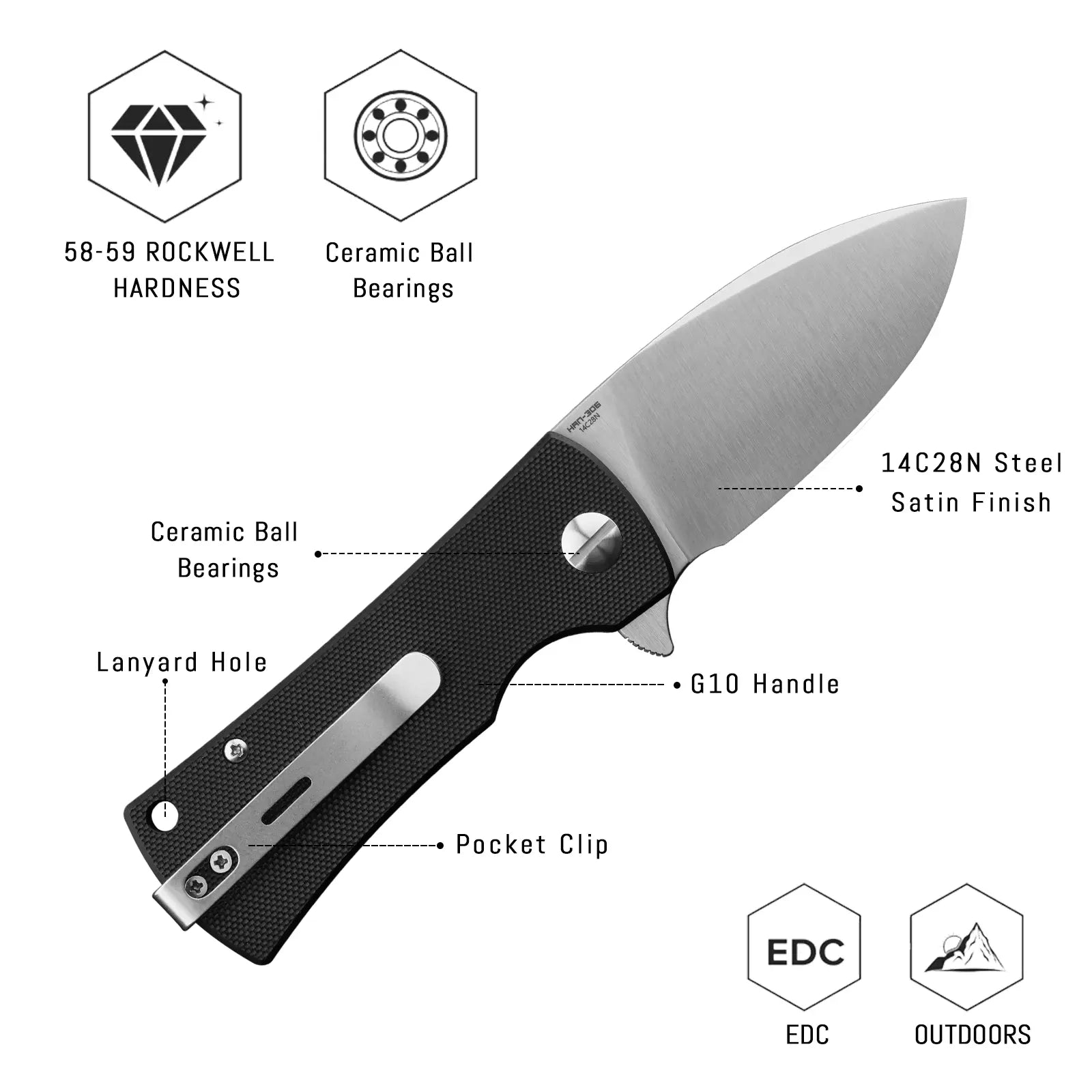 SHOOZIZ HAN306-BGS design features, 14C28N satin steel blade, ceramic ball bearings, black G10 handle, 58-59 HRC hardness.