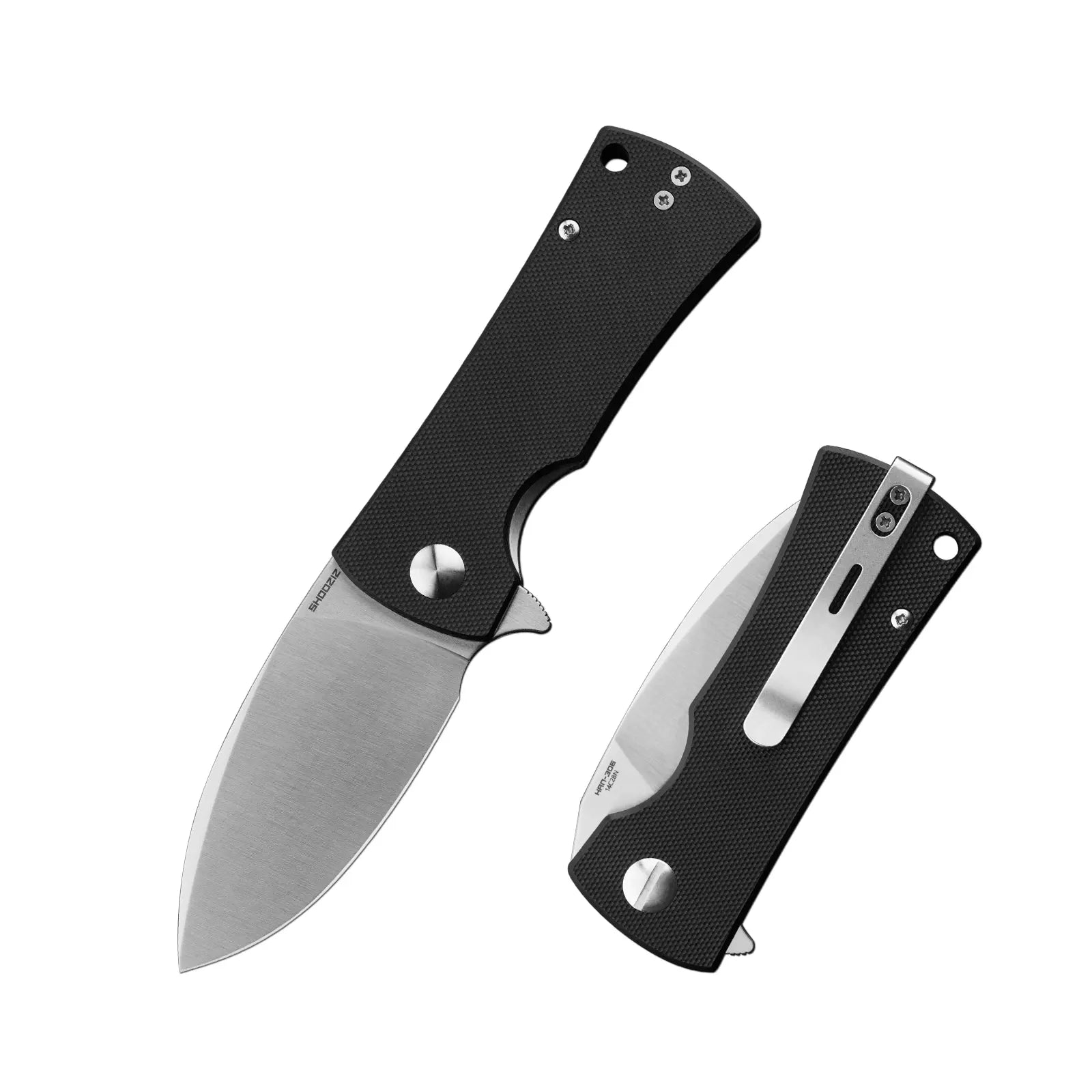 SHOOZIZ HAN306-BGS folding knife, 14C28N steel blade with satin finish, black G10 handle, drop point blade, ceramic bearings.