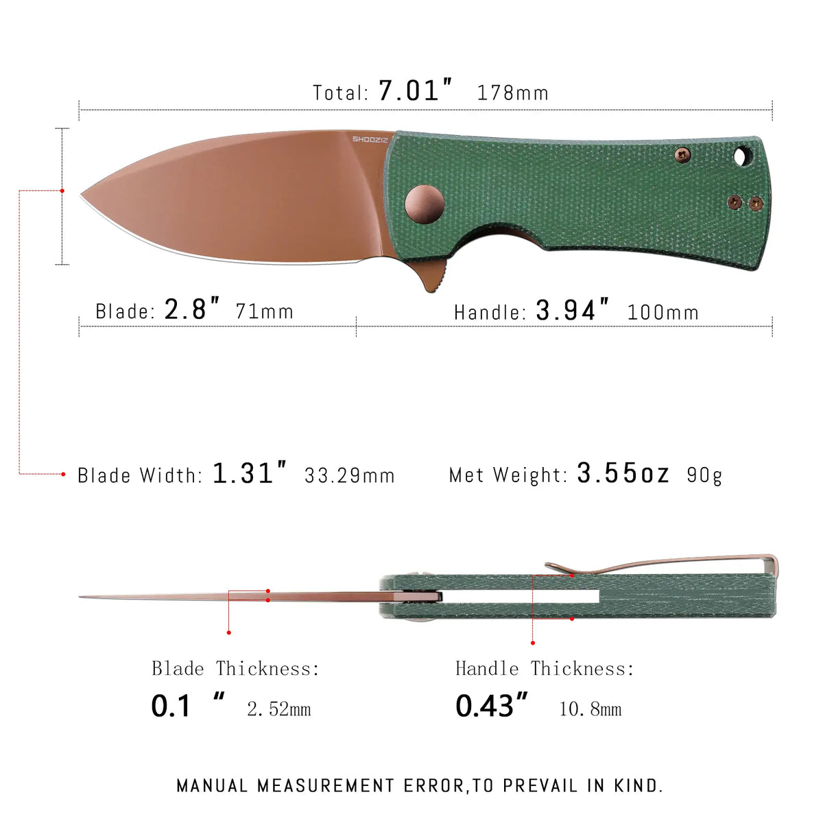 SHOOZIZ HAN306-GMRG Drop Point EDC Knife | Rose Gold PVD & Green