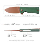 SHOOZIZ HAN306-GMRG EDC knife dimensions, 7.01" total length, 2.8" blade, 3.94" handle, 90g weight.