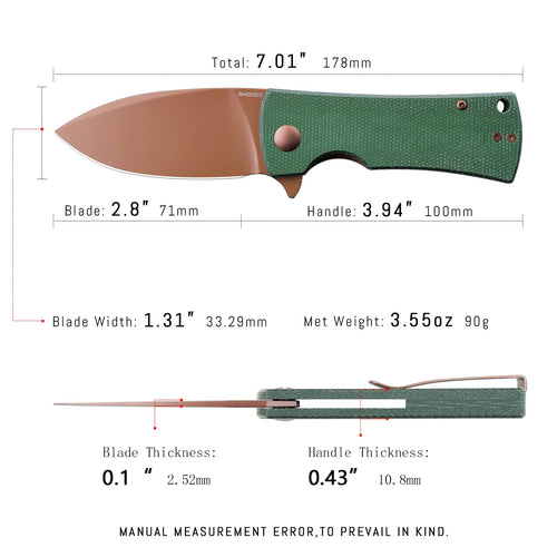 SHOOZIZ HAN306-GMRG EDC knife dimensions, 7.01" total length, 2.8" blade, 3.94" handle, 90g weight.