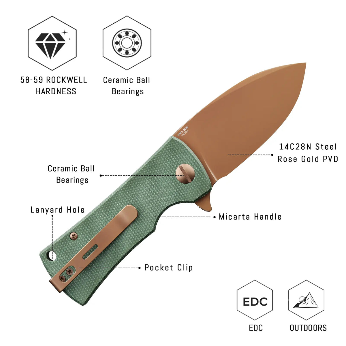 SHOOZIZ HAN306-GMRG Drop Point EDC Knife | Rose Gold PVD & Green