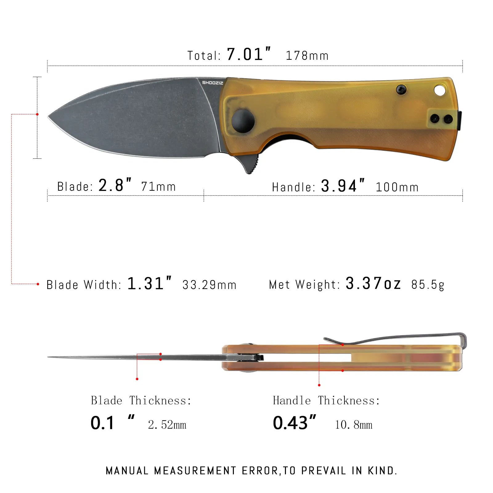 SHOOZIZ HAN306-JUB EDC knife dimensions, 7.01" total length, 2.8" blade, 3.94" handle, 85.5g weight.