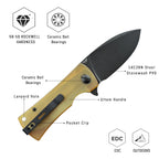 SHOOZIZ HAN306-JUB design features, 14C28N black PVD blade, ceramic ball bearings, translucent yellow Ultem handle, 58-59 HRC hardness.