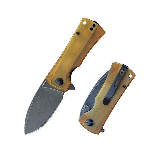 SHOOZIZ HAN306-JUB folding knife, 14C28N steel blade with black PVD finish, translucent yellow Ultem handle, drop point blade, ceramic bearings.