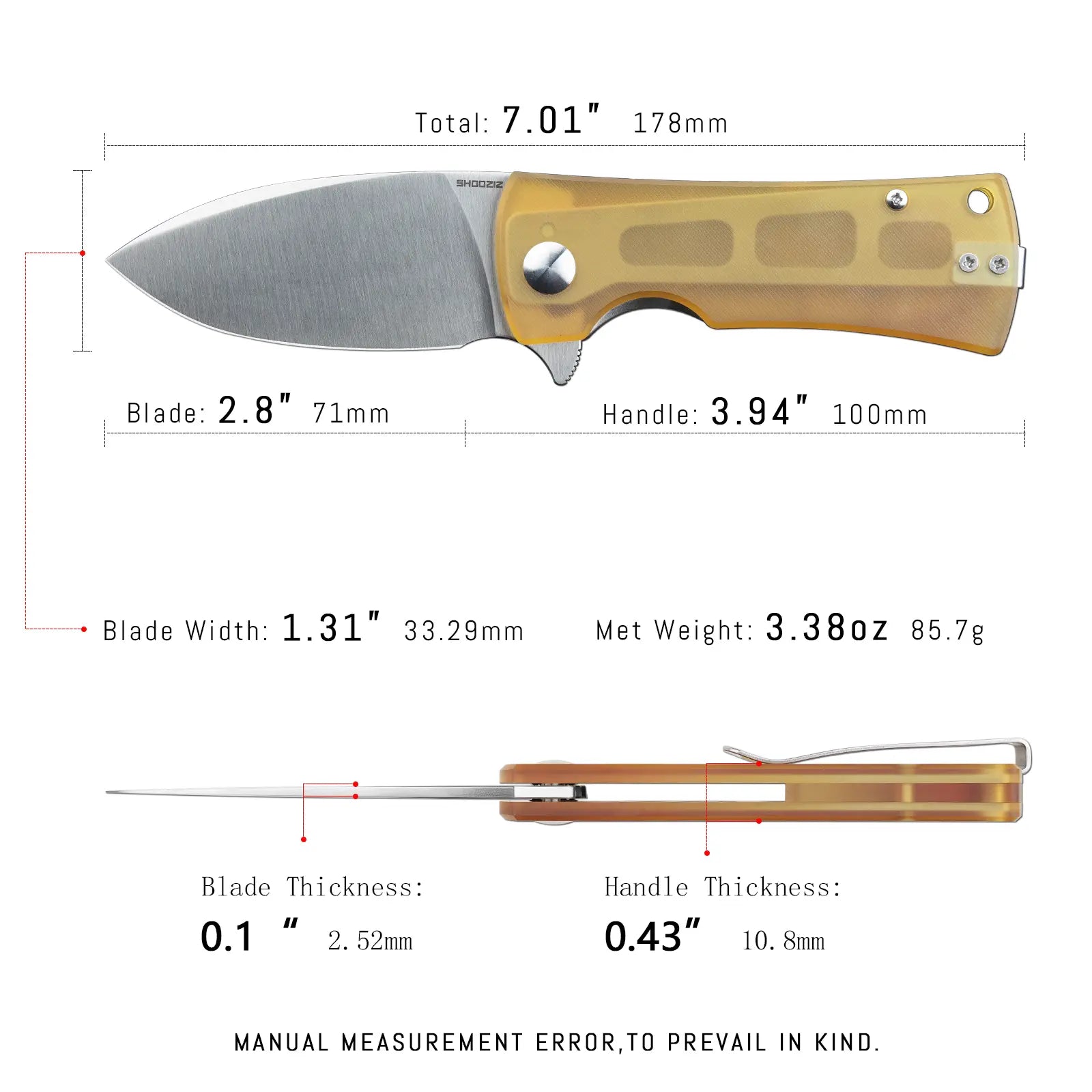 SHOOZIZ HAN306-JUS EDC knife dimensions, 7.01" total length, 2.8" blade, 3.94" handle, 85.7g weight.