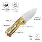SHOOZIZ HAN306-JUS design features, 14C28N satin steel blade, ceramic ball bearings, translucent yellow Ultem handle, 58-59 HRC hardness.