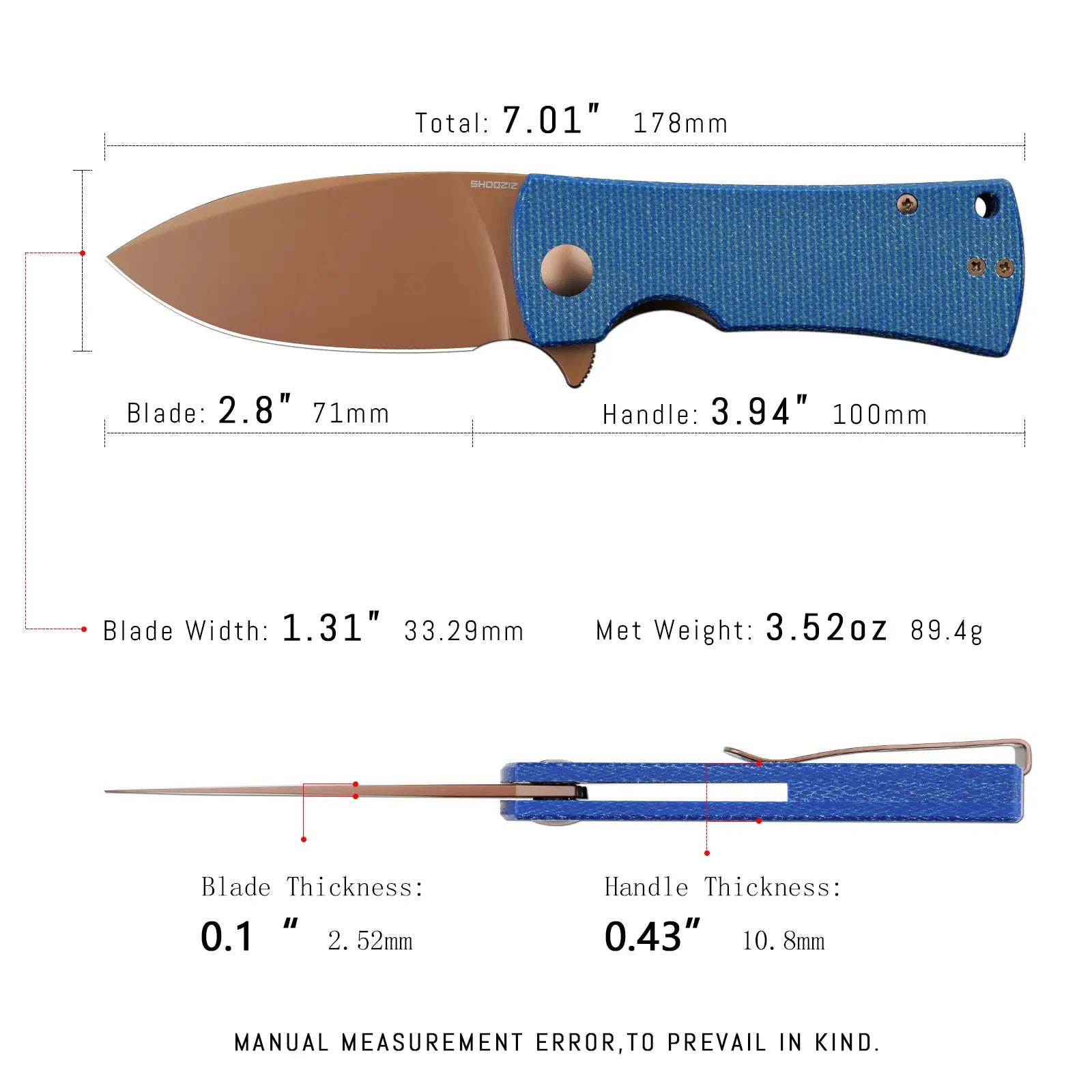 SHOOZIZ HAN306-LMRG EDC knife dimensions, 7.01" total length, 2.8" blade, 3.94" handle, 89.4g weight.
