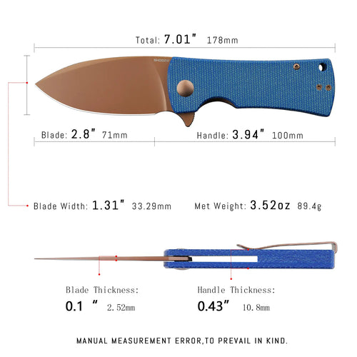 SHOOZIZ HAN306-LMRG EDC knife dimensions, 7.01" total length, 2.8" blade, 3.94" handle, 89.4g weight.