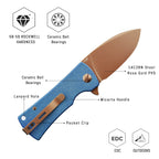 SHOOZIZ HAN306-LMRG design features, 14C28N rose gold PVD blade, ceramic ball bearings, blue Micarta handle, 58-59 HRC hardness.