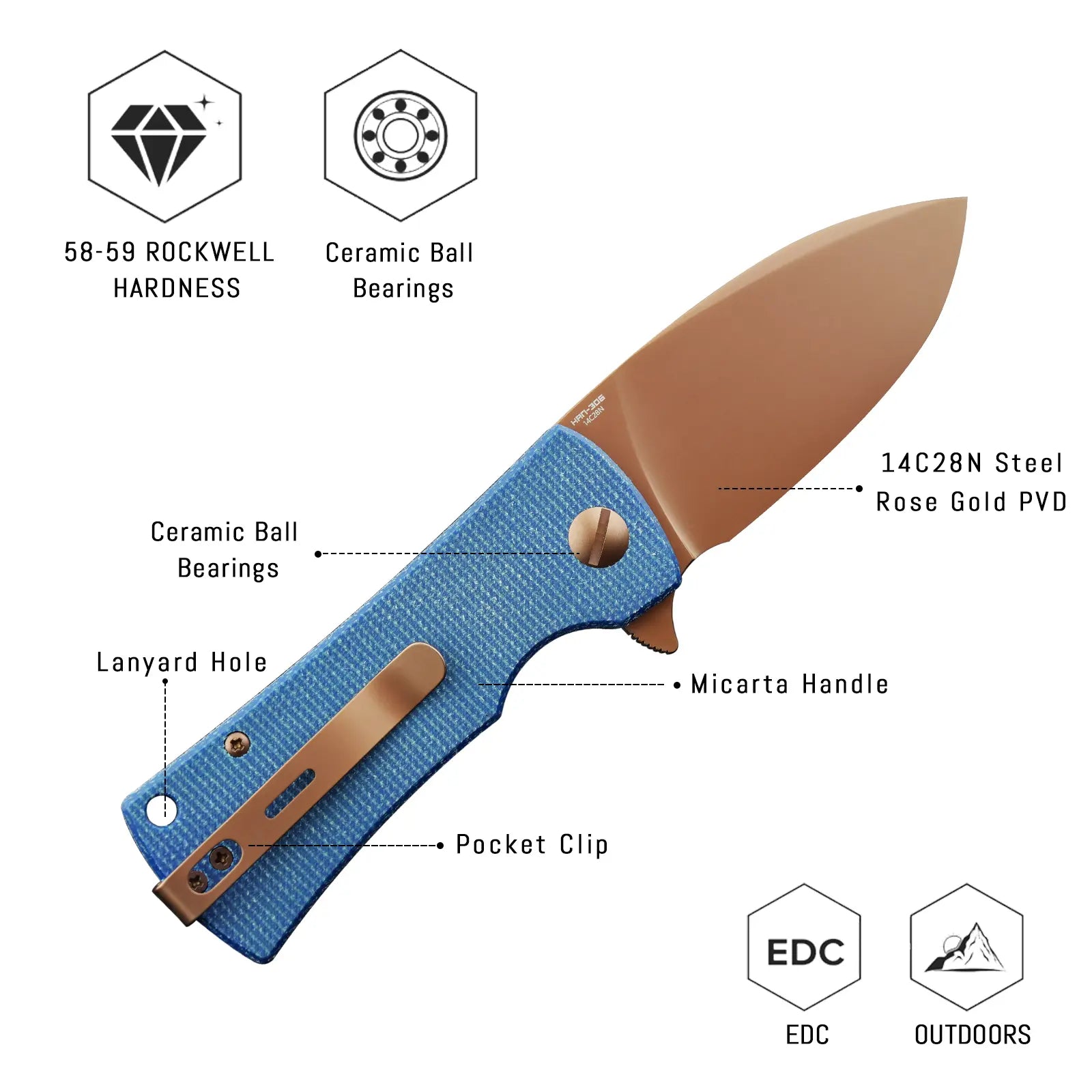 SHOOZIZ HAN306-LMRG design features, 14C28N rose gold PVD blade, ceramic ball bearings, blue Micarta handle, 58-59 HRC hardness.