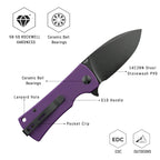 SHOOZIZ HAN306-PGB design features, 14C28N black PVD blade, ceramic ball bearings, purple G10 handle, 58-59 HRC hardness.