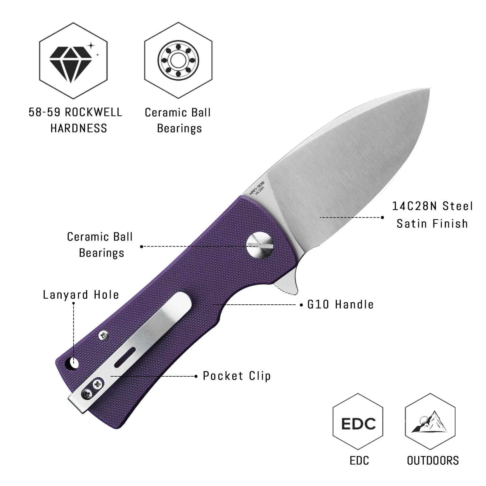 SHOOZIZ HAN306-PGS design features, 14C28N satin steel blade, ceramic ball bearings, purple G10 handle, 58-59 HRC hardness.
