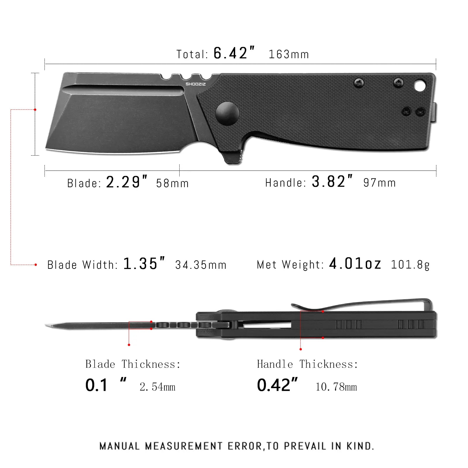 SHOOZIZ HAN307-BGB EDC knife dimensions, 6.42" total length, 2.29" blade, 3.82" handle, 101.8g weight.