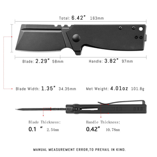 SHOOZIZ HAN307-BGB EDC knife dimensions, 6.42" total length, 2.29" blade, 3.82" handle, 101.8g weight.