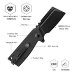 SHOOZIZ HAN307-BGB design features: 14C28N black PVD blade, ceramic ball bearings, black G10 handle, pocket clip, 58-59 HRC hardness.