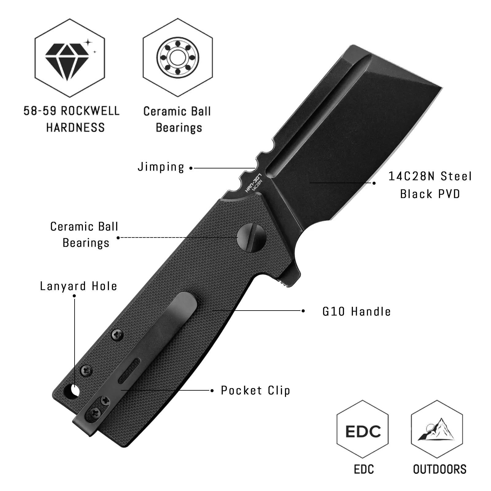 SHOOZIZ HAN307-BGB design features: 14C28N black PVD blade, ceramic ball bearings, black G10 handle, pocket clip, 58-59 HRC hardness.