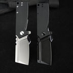 SHOOZIZ HAN307-BGS and HAN307-BGB folding knives open, comparing satin and black PVD D2 steel blades with black G10 handles, black background.