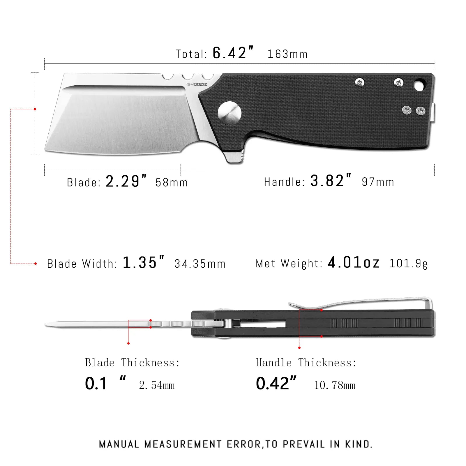 SHOOZIZ HAN307-BGS EDC knife dimensions, 6.42" total length, 2.29" blade, 3.82" handle, 101.9g weight.