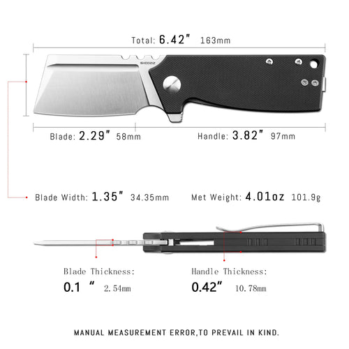 SHOOZIZ HAN307-BGS EDC knife dimensions, 6.42" total length, 2.29" blade, 3.82" handle, 101.9g weight.