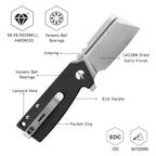 SHOOZIZ HAN307-BGS design features: 14C28N satin blade, ceramic ball bearings, G10 handle, pocket clip, 58-59 HRC hardness.