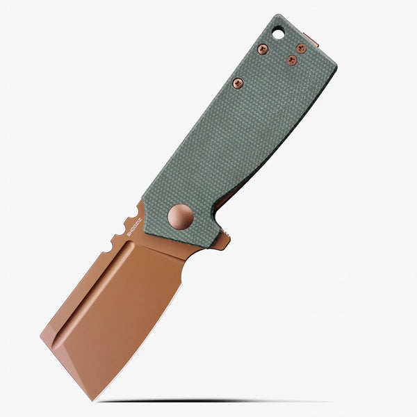 SHOOZIZ HAN307-GMRG EDC knife, rose gold PVD 14C28N steel blade, green Micarta handle.