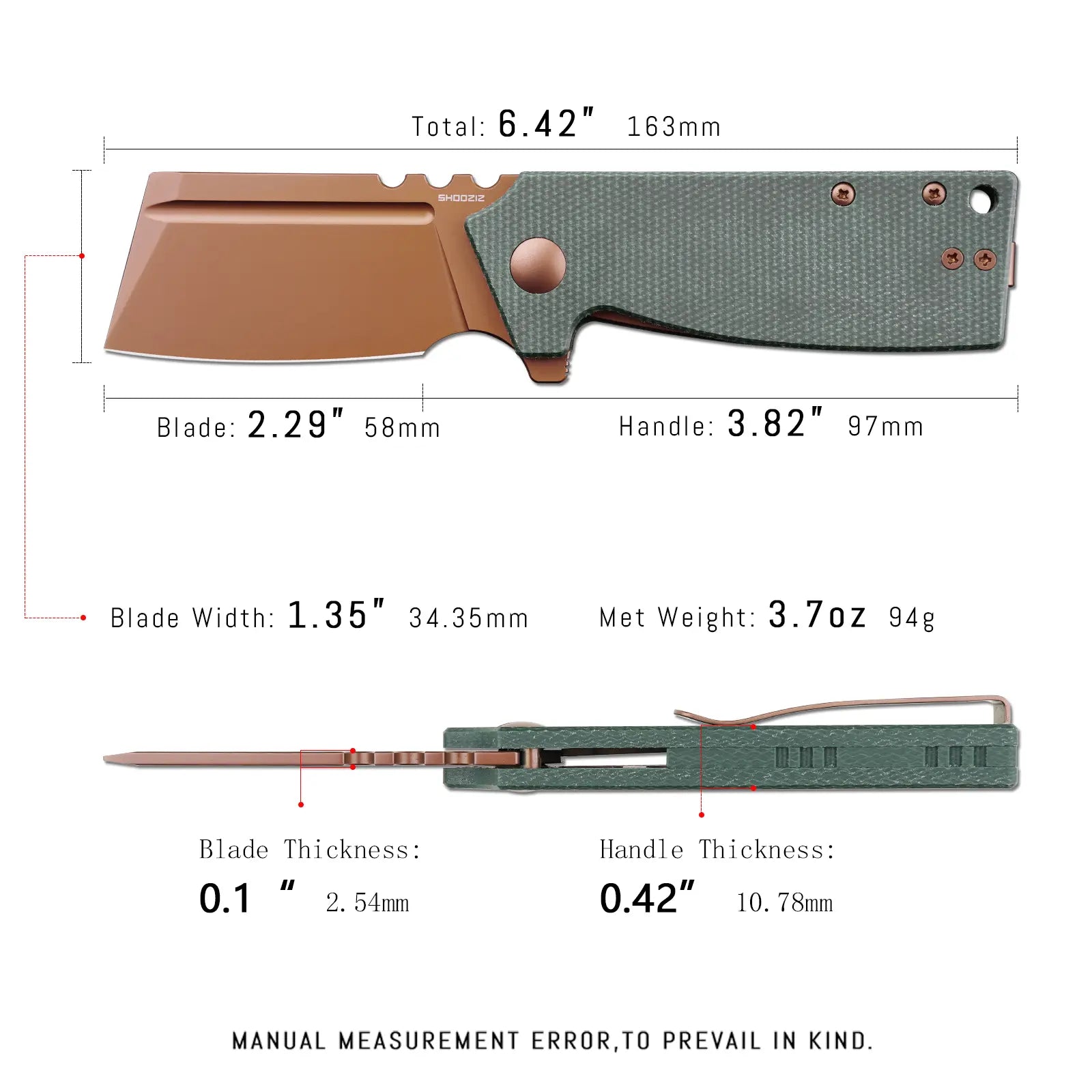 SHOOZIZ HAN307-GMRG EDC knife dimensions, 6.42" total length, 2.29" blade, 3.82" handle, 94g weight.