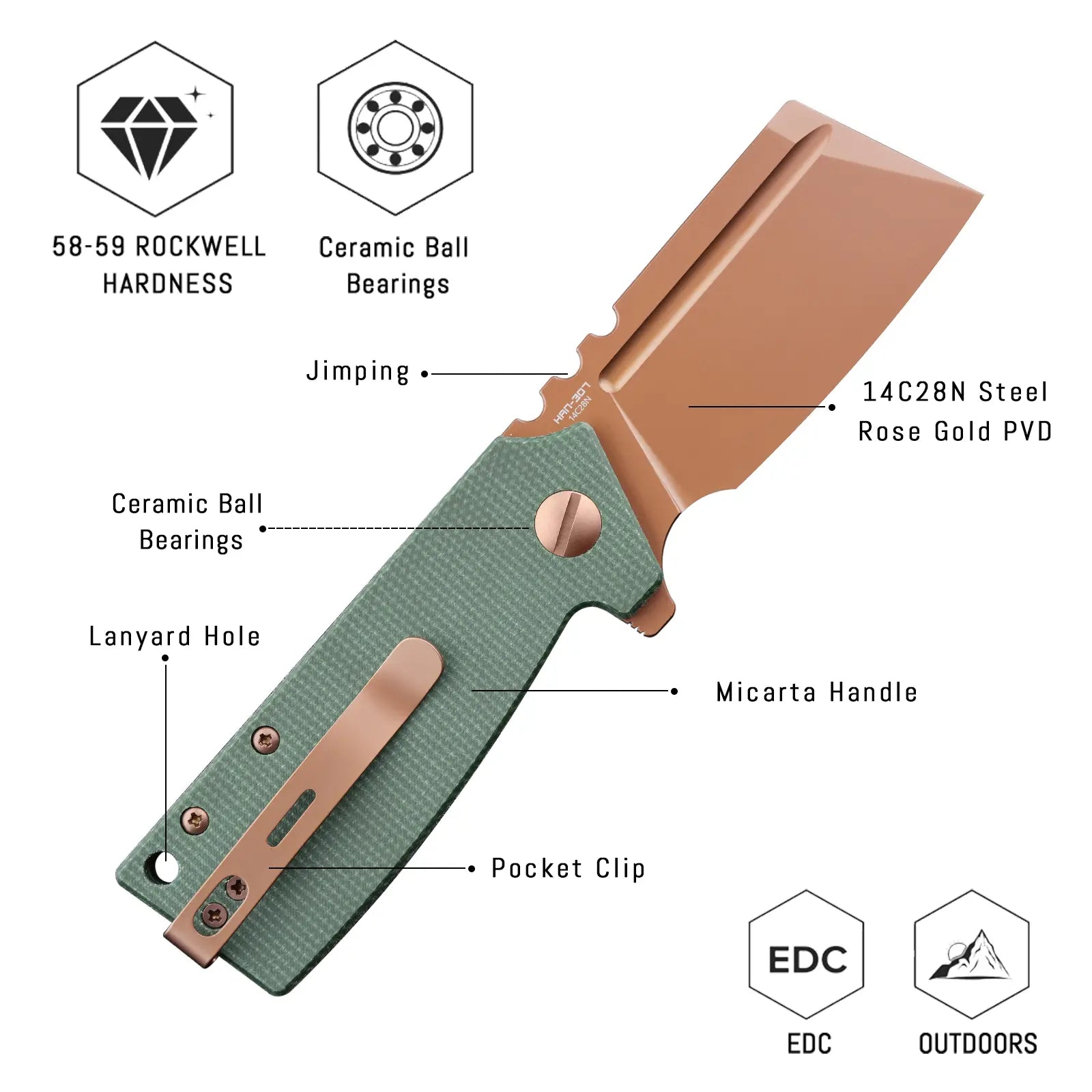 SHOOZIZ HAN307-GMRG design features: 14C28N rose gold PVD blade, ceramic ball bearings, green Micarta handle, pocket clip, 58-59 HRC hardness.