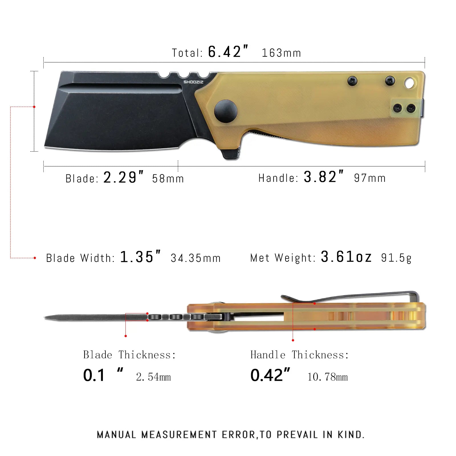 SHOOZIZ HAN307-JUB EDC knife dimensions, 6.42" total length, 2.29" blade, 3.82" handle, 91.5g weight.