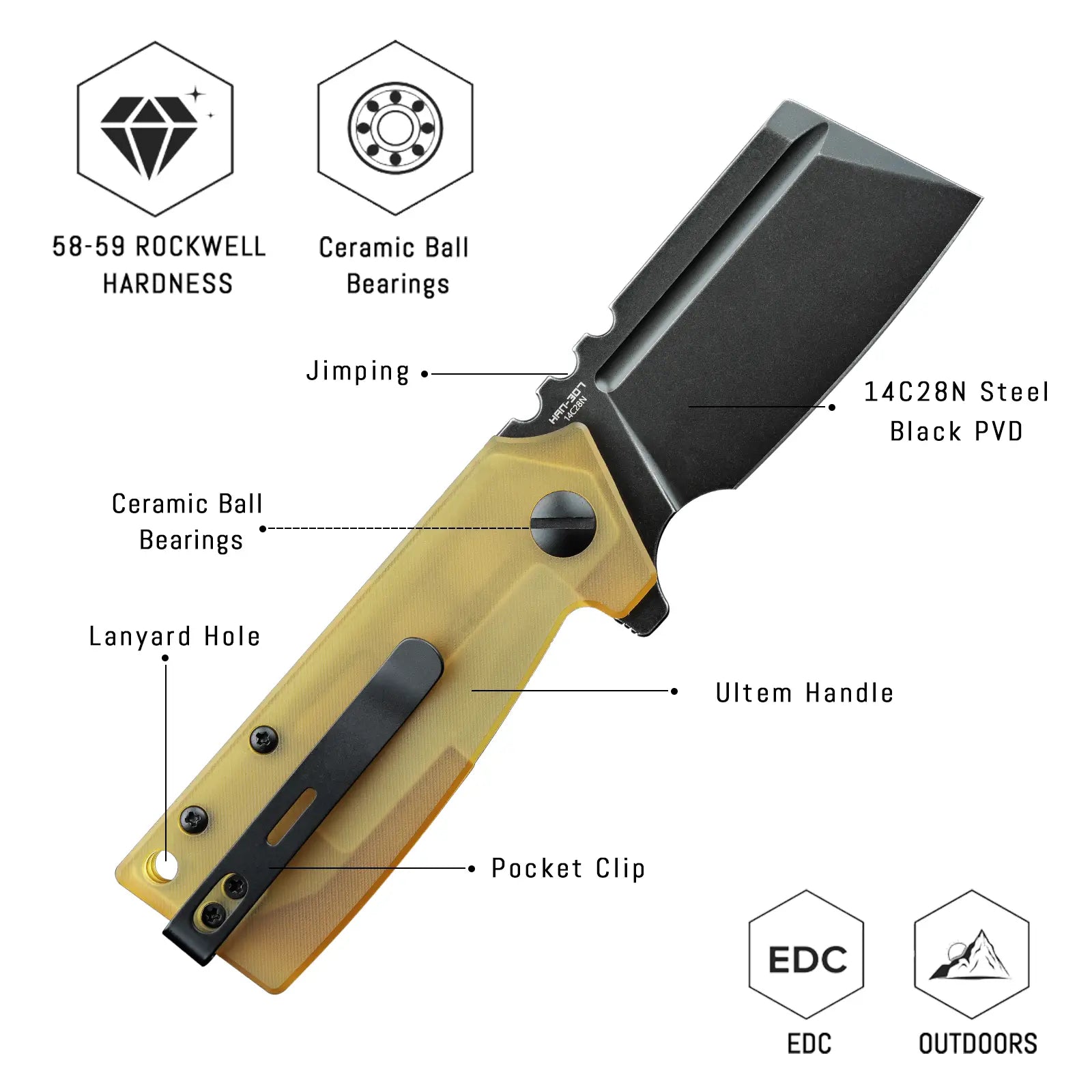 SHOOZIZ HAN307-JUB design features: 14C28N black PVD blade, ceramic ball bearings, translucent yellow Ultem handle, pocket clip, 58-59 HRC hardness.