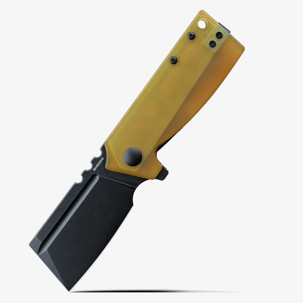 SHOOZIZ HAN307-JUB folding knife, black PVD 14C28N steel blade, translucent yellow Ultem handle.