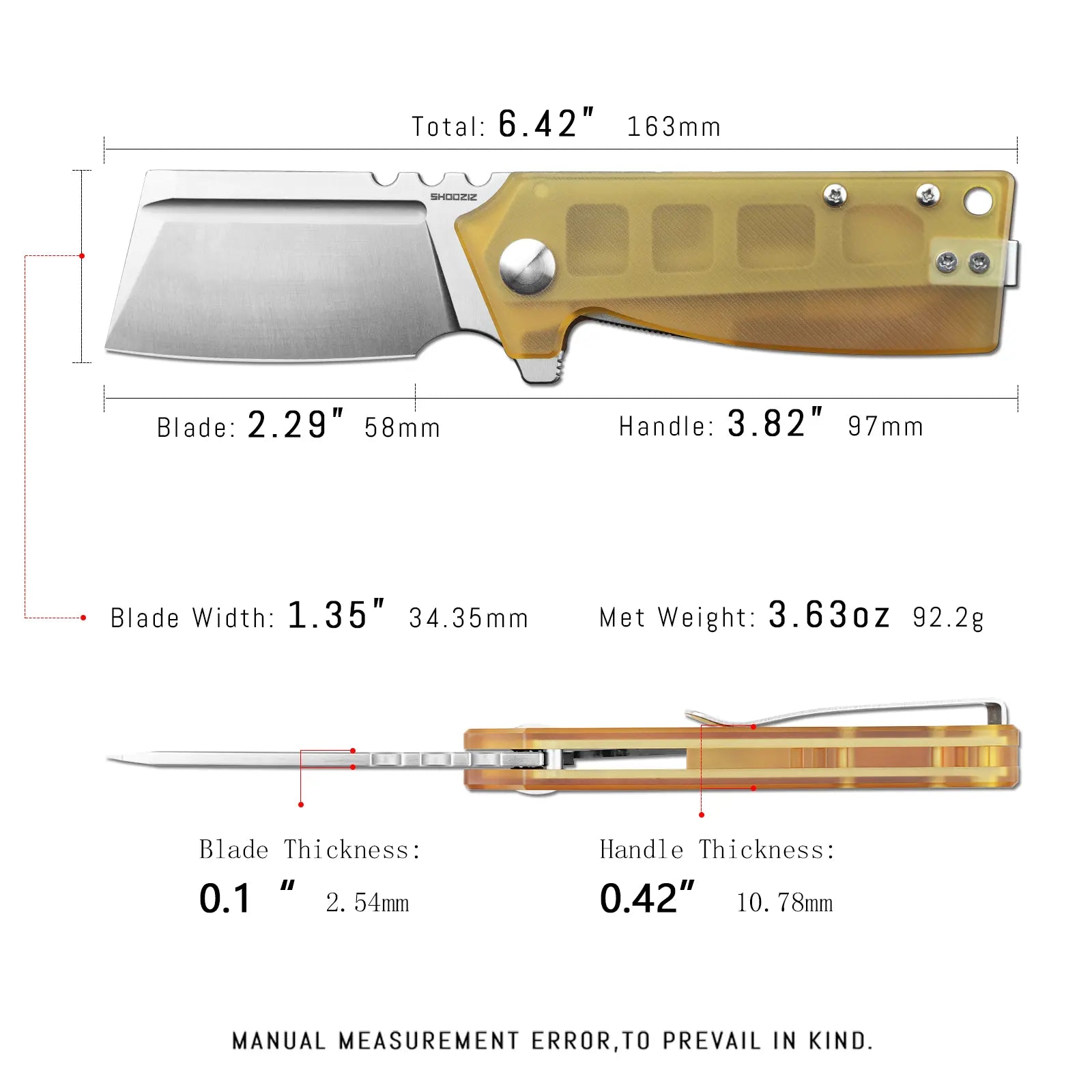 SHOOZIZ HAN307-JUS EDC knife dimensions, 6.42" total length, 2.29" blade, 3.82" handle, 92.2g weight.