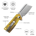 SHOOZIZ HAN307-JUS design features: 14C28N satin blade, ceramic ball bearings, translucent yellow Ultem handle, pocket clip, 58-59 HRC hardness.