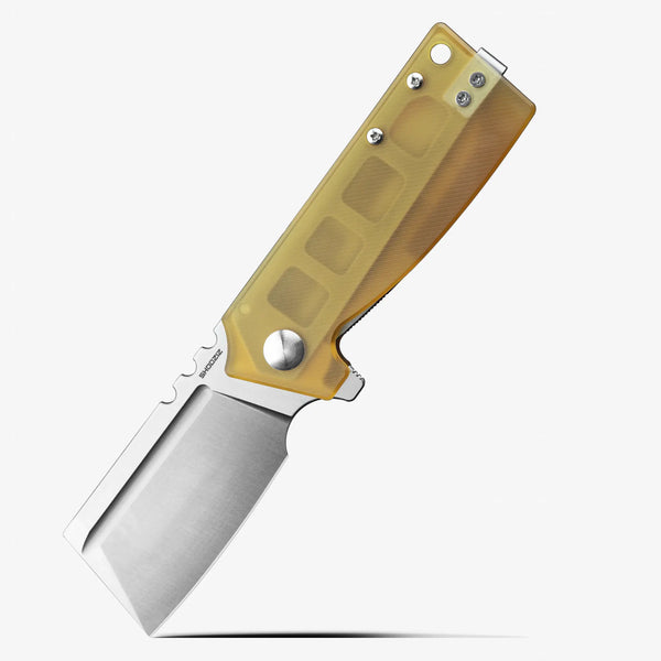 SHOOZIZ HAN307-JUS EDC knife, satin 14C28N steel blade, translucent yellow Ultem handle.