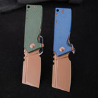 SHOOZIZ HAN307-LMRG and HAN307-GMRG folding knives open, rose gold PVD D2 steel blades, blue and green Micarta handles, black background.